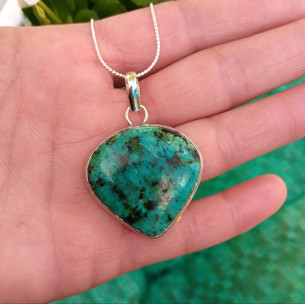 🩵African Turquoise Gemstone Boho Pendant Necklace Sterling Silver 925